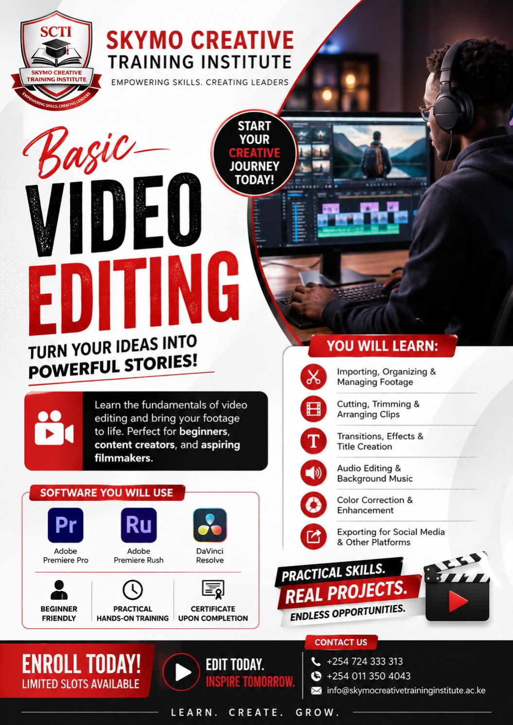 Basic Video Editing Course poster by Skymo Creative Training Institute featuring hands-on video editing training in Kenya.